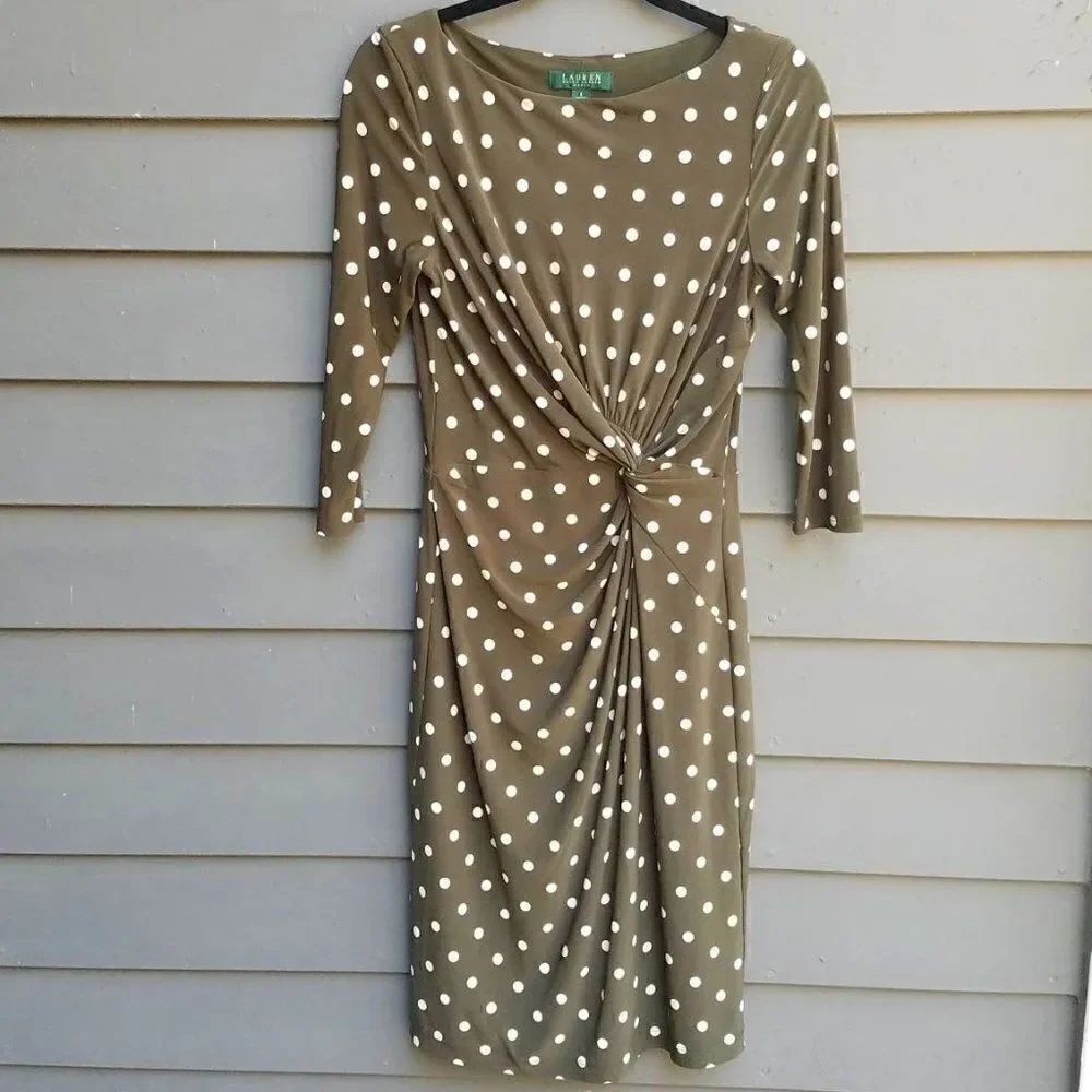 Lauren Ralph Lauren Olive Green White Polka Dot Knotted Dress Size 8